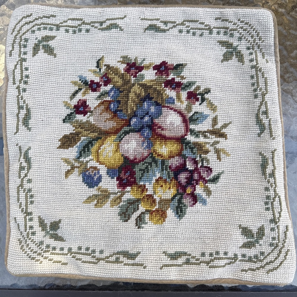 Vintage Wool Fruit Floral Needlepoint Velvet Pillow Cover Zipper 14 in X 14 in